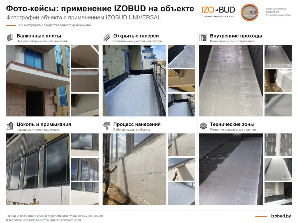Применение IZOBUD UNIVERSAL: балконные плиты, галереи, проходы, цоколь, примыкания и процесс нанесения покрытия.