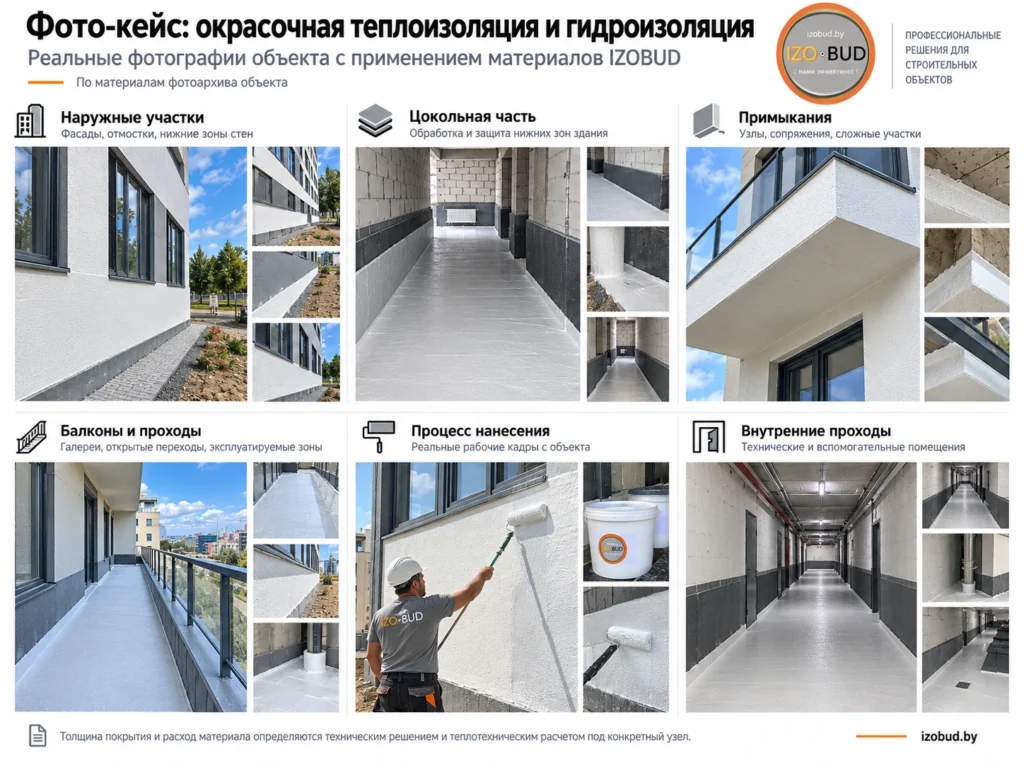 Фото-кейс IZOBUD с примерами окрасочной теплоизоляции и гидроизоляции на наружных участках, цокольной части, примыканиях, балконах и внутренних проходах