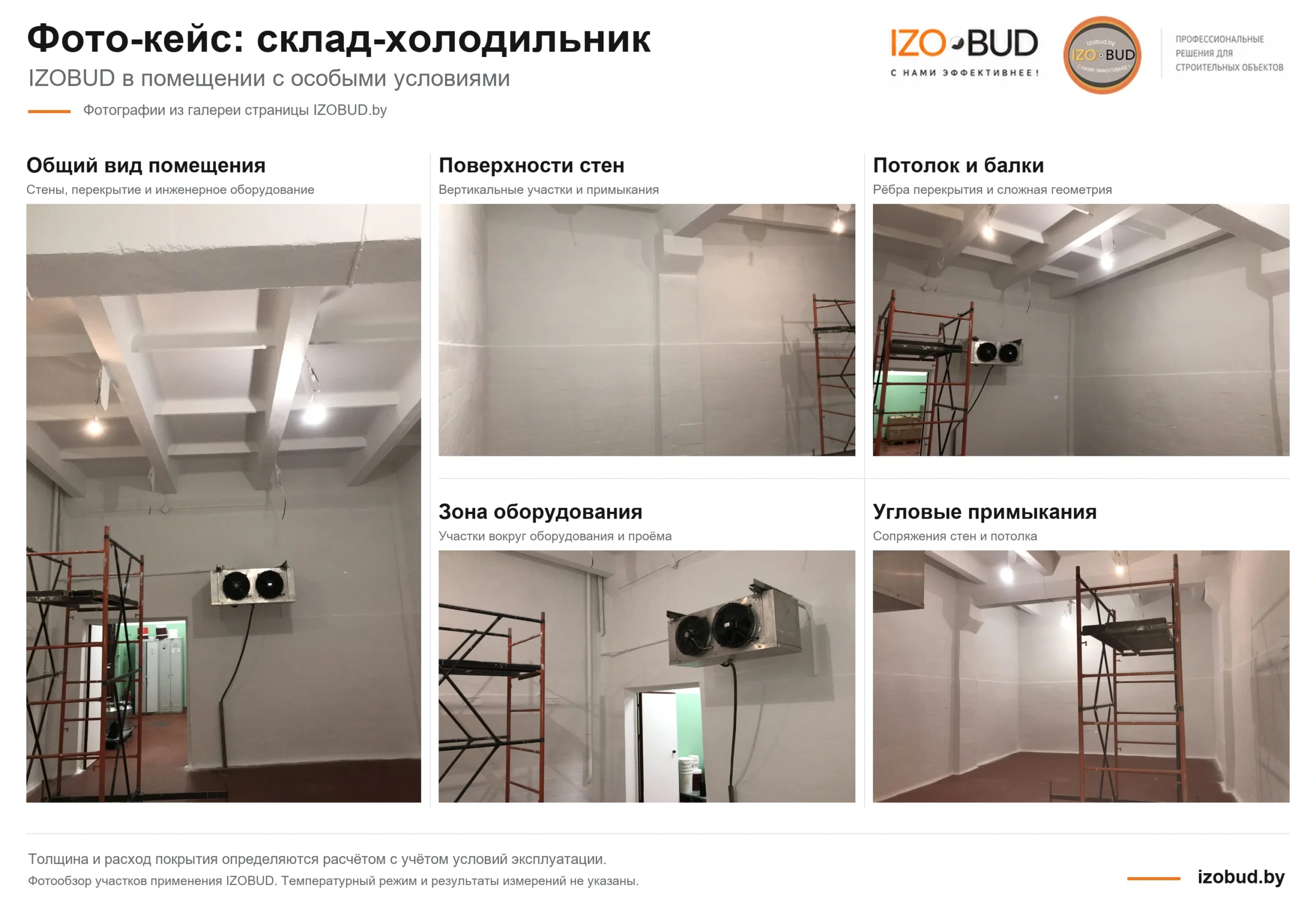 Покрытие IZOBUD на стенах, потолочных балках и угловых примыканиях склада-холодильника — коллаж из пяти фотографий.